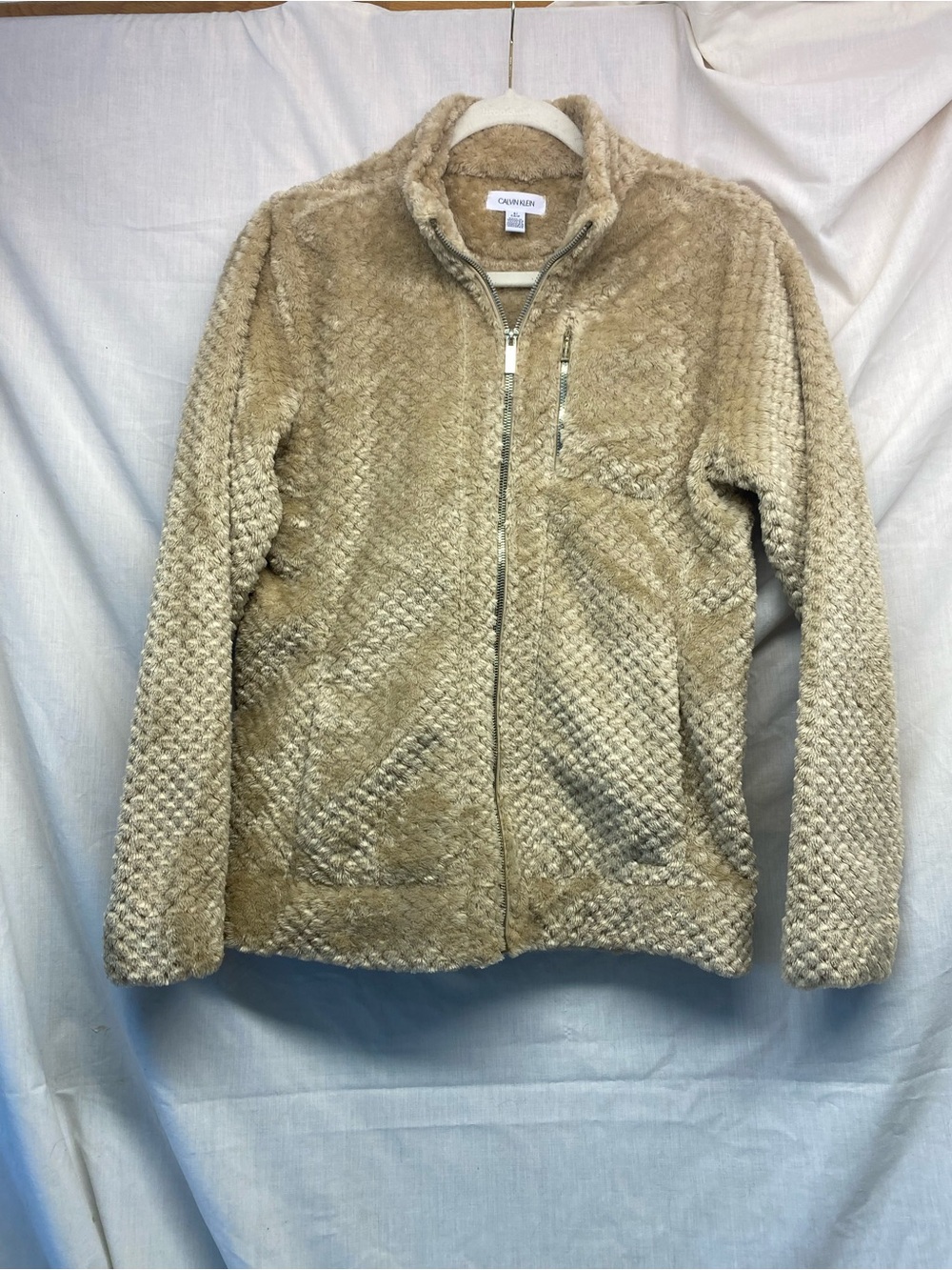 Calvin Klein Faux Fur Zip-Up Jacket - Light Tan, size small, excellent condition